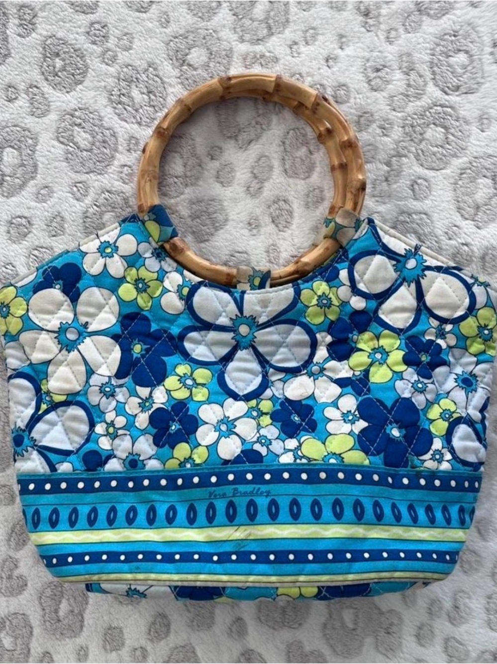 Vera Bradley Blue Floral Quilted Handbag with Bamboo Handles